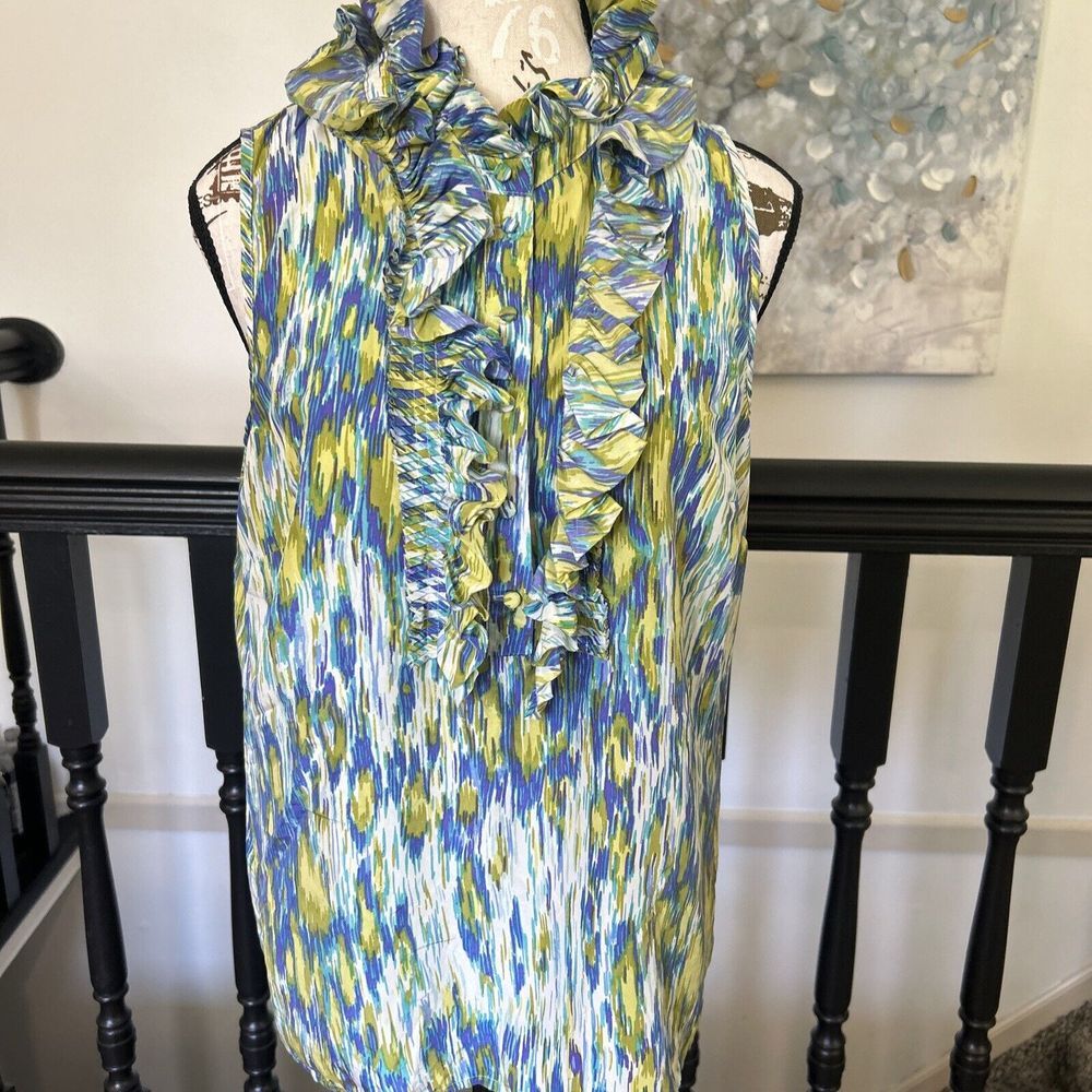 Kenar Blouse Sleeveless Ruffled Collar 100% Silk Lg